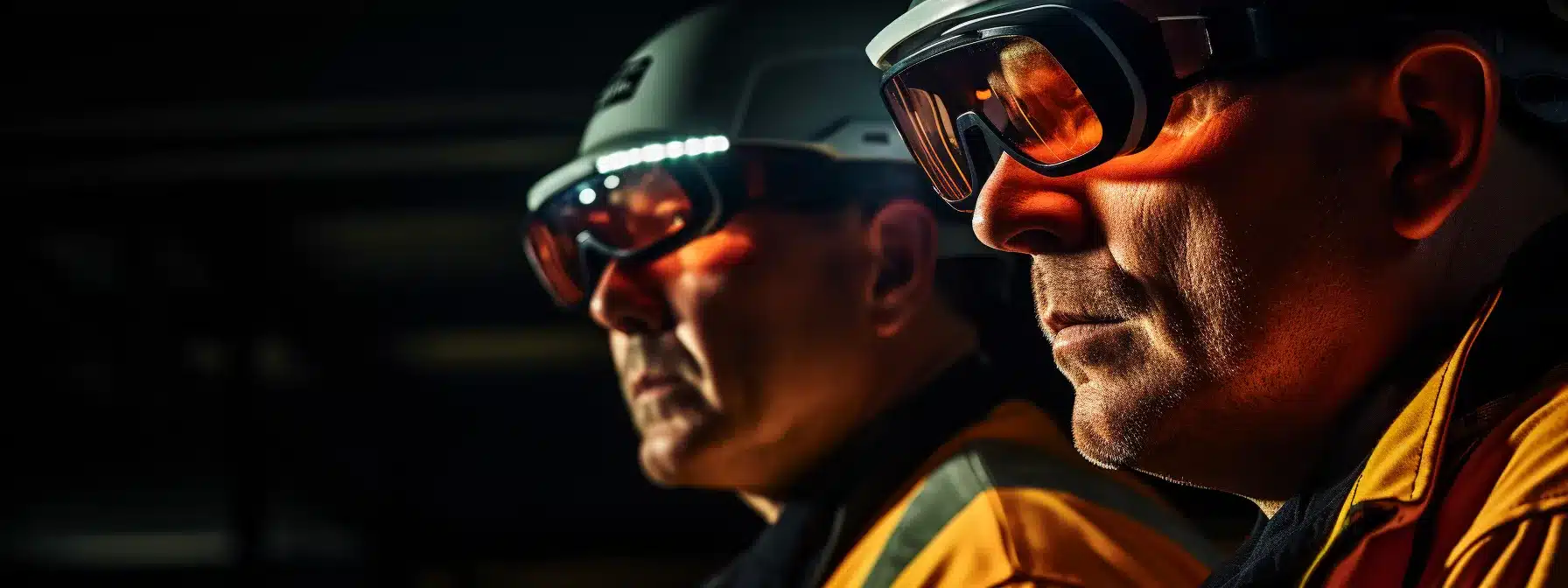 Workers wearing helmets, safety goggles, and high-visibility vests following occupational health guidelines.