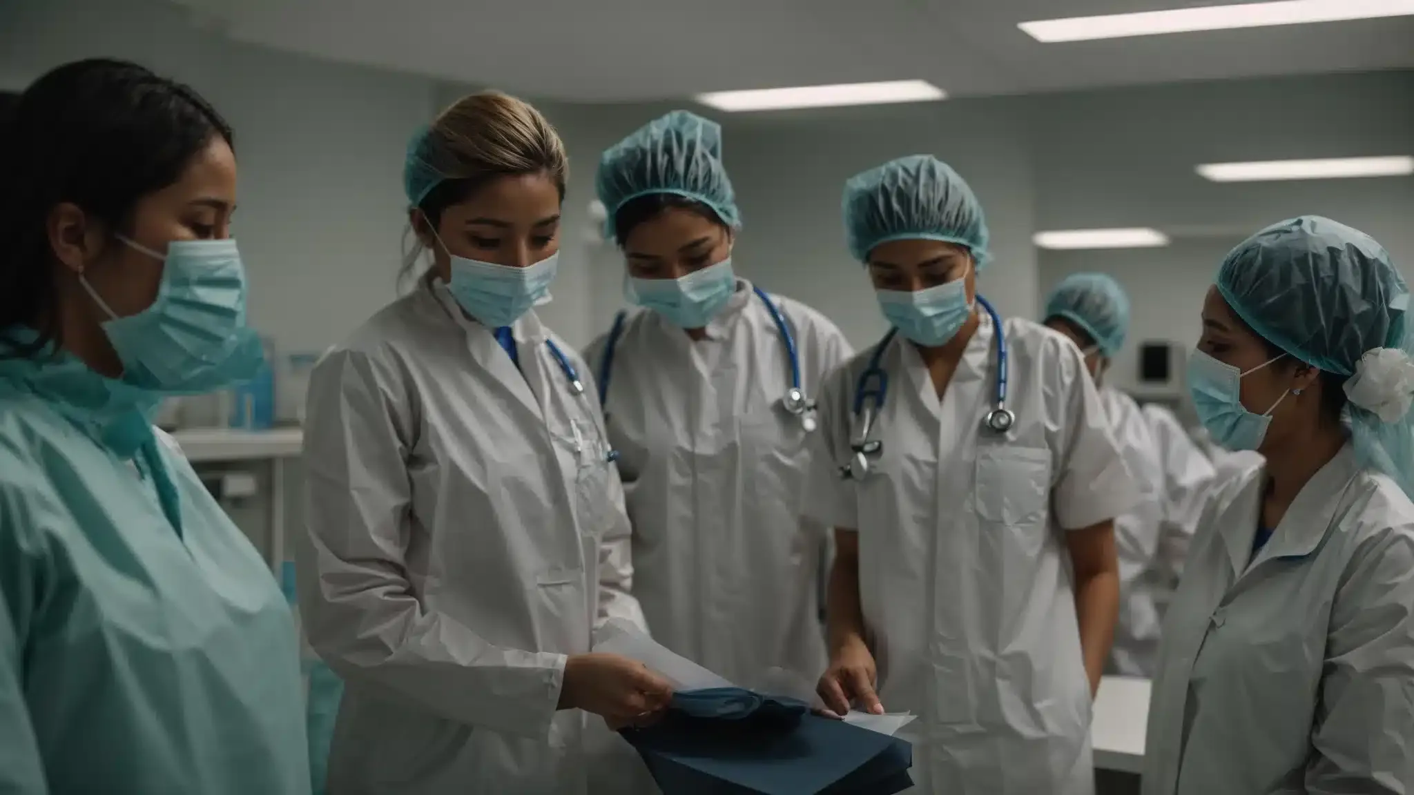 a group of healthcare workers attends a workshop on proper ppe usage in a hospital seminar room.